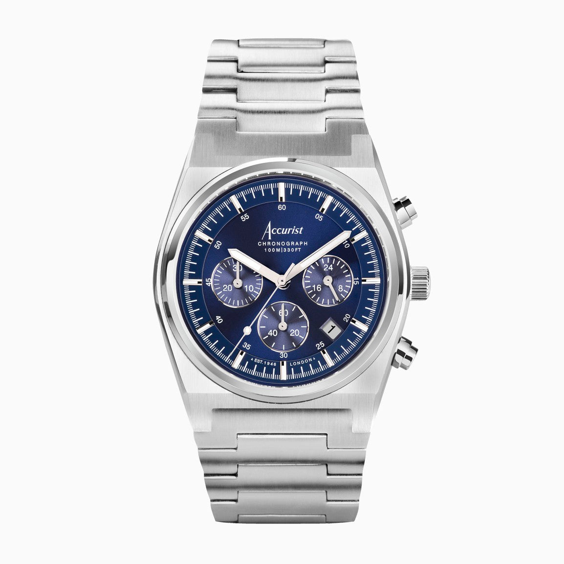 Accurist Origin Men&#39;s Chronograph Watch | Silver Case &amp; Stainless Steel Bracelet with Royal Blue Dial | 41mm