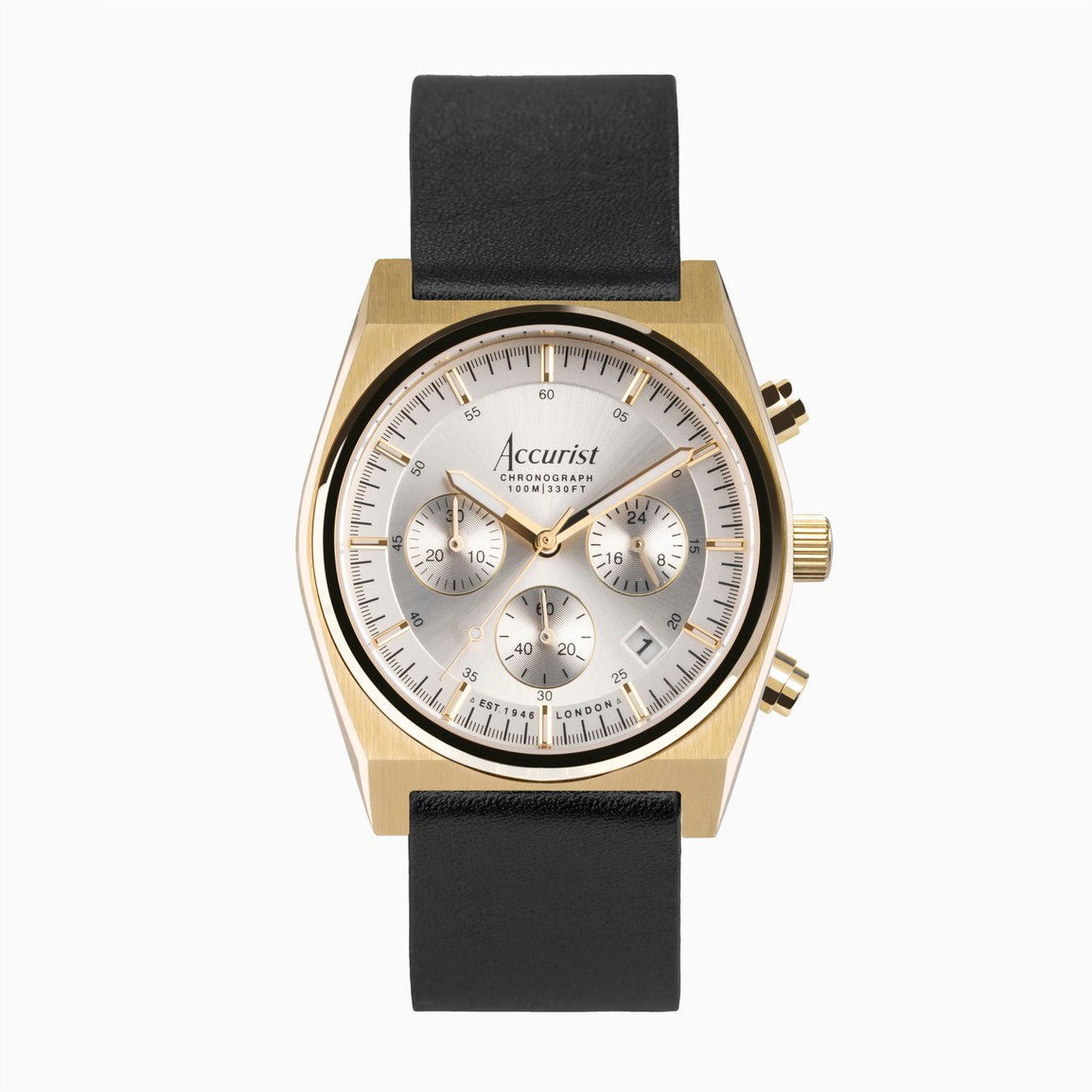 Accurist Origin Men&#39;s Chronograph Watch | Gold Case &amp; Black Leather Strap with Silver Dial | 41mm