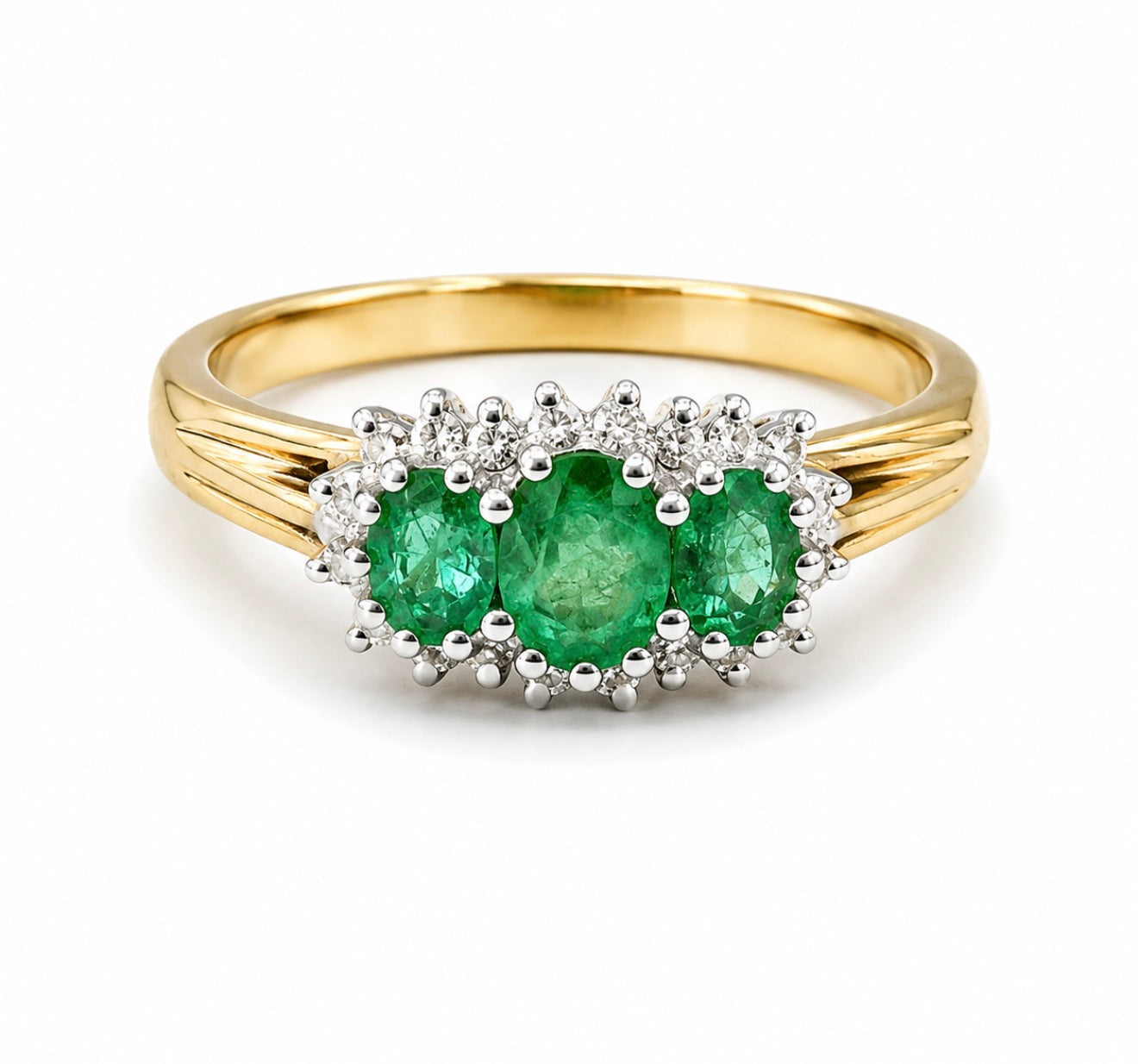 9ct Yellow Gold Emerald & Diamond Three Stone Cluster Ring