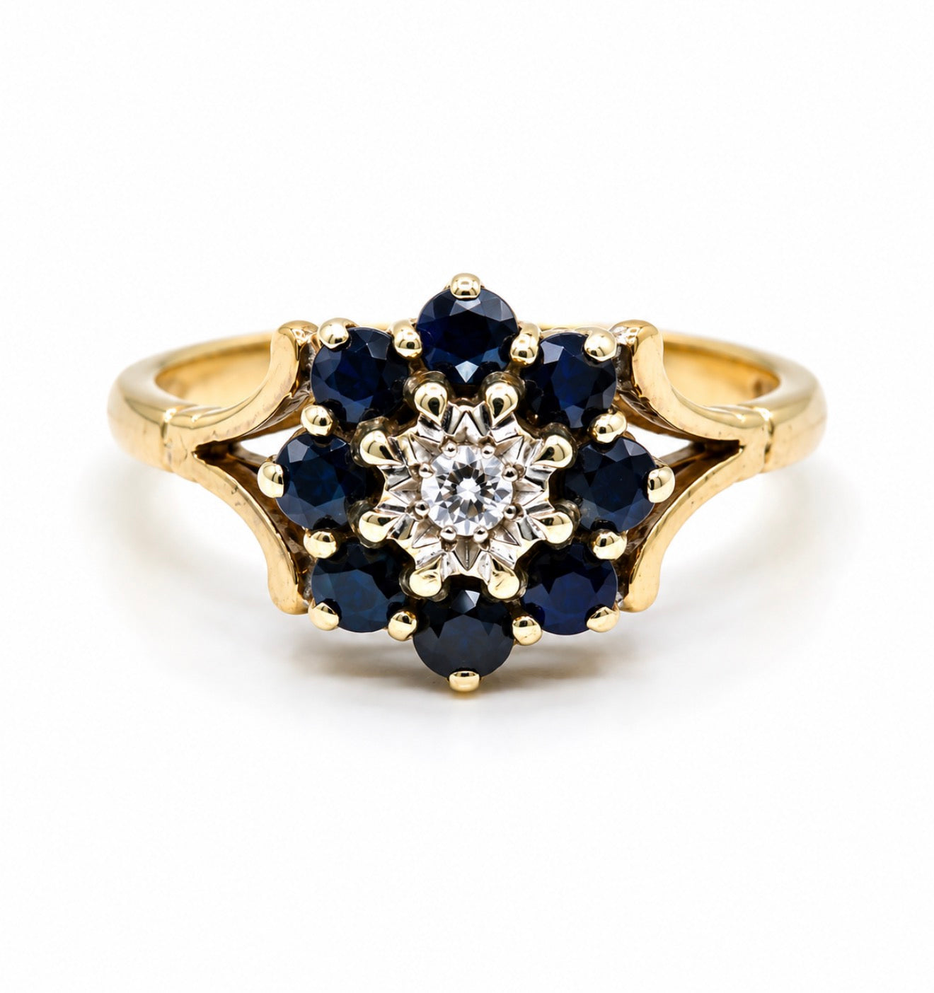 9ct Yellow Gold Sapphire & Diamond Fleur-de-Lis Cluster Ring
