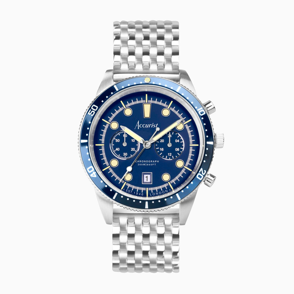 Accurist Dive Men&#39;s Chronograph Watch | Silver Case &amp; Stainless Steel Bracelet with Windermere Blue Dial | 42mm
