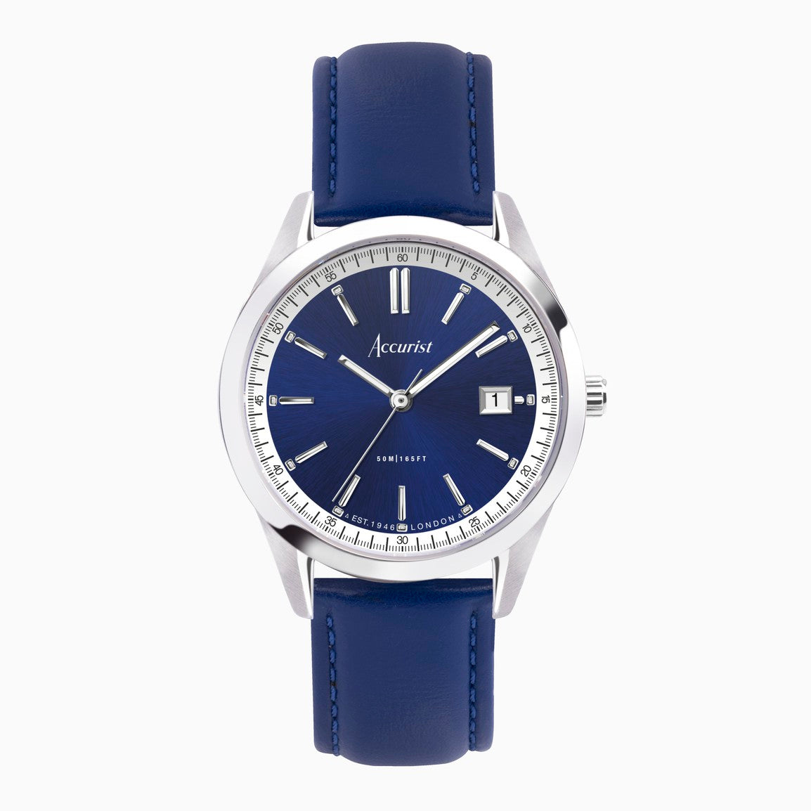 Accurist Everyday Men&#39;s Watch | Silver Case &amp; Blue Leather Strap with Oxford Blue Dial | 40mm
