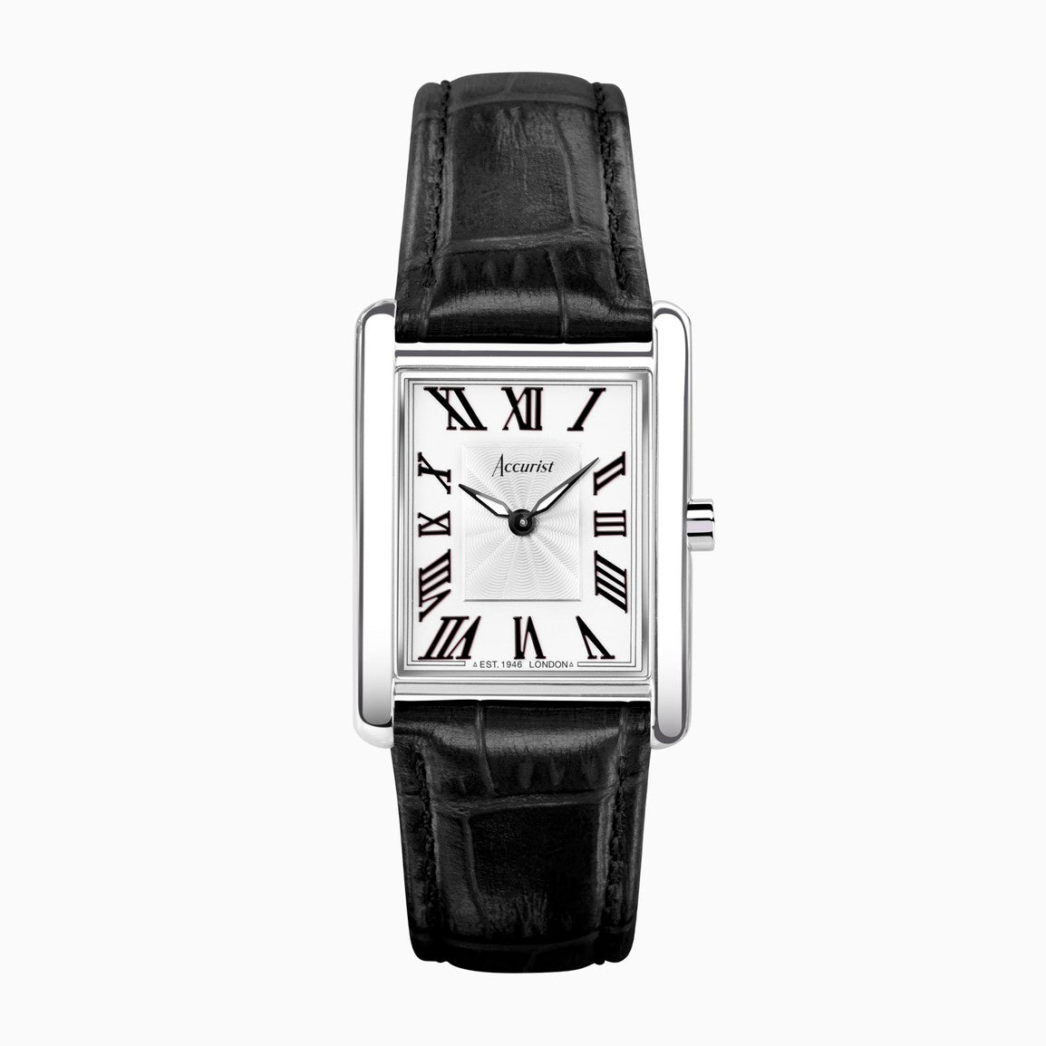 Accurist Rectangle Ladies Watch Silver Case Black Leather