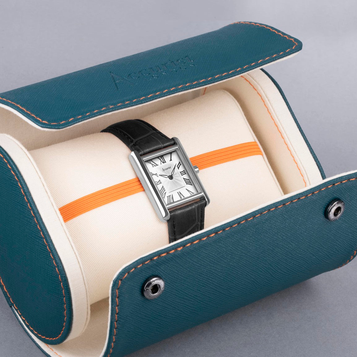 Accurist Rectangle Ladies Watch | Silver Case & Black Leather Strap with White Dial | 26mm