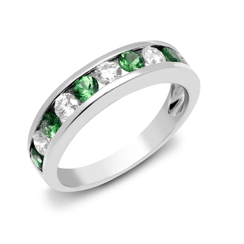 Emerald and diamond channel set eternity ring in white gold