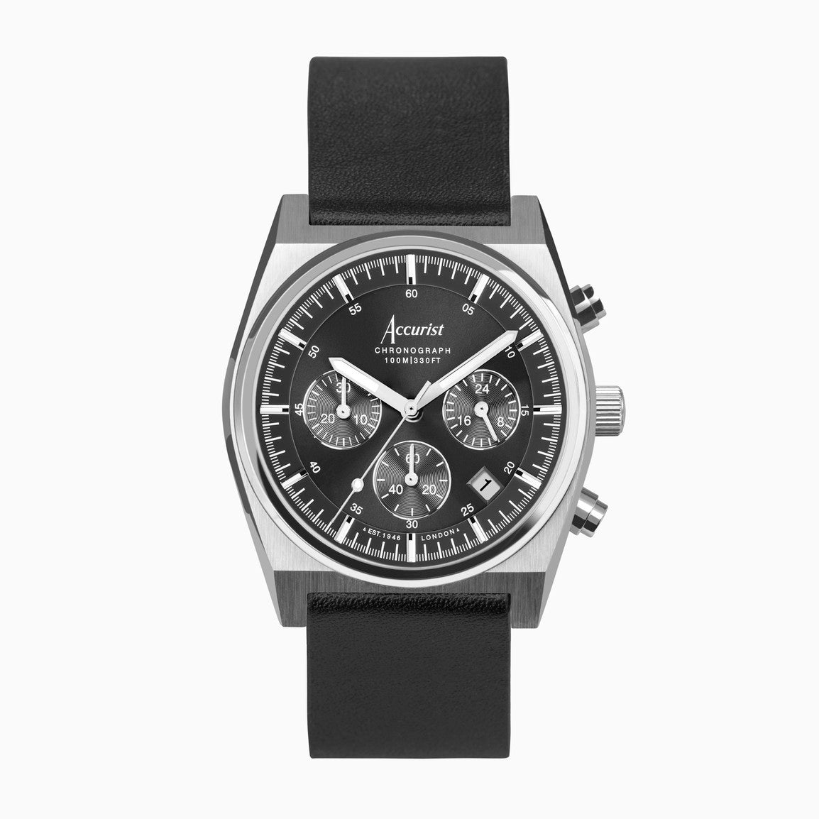 Accurist Origin Men&#39;s Chronograph Watch | Silver Case &amp; Black Leather Strap with Black Dial | 41mm
