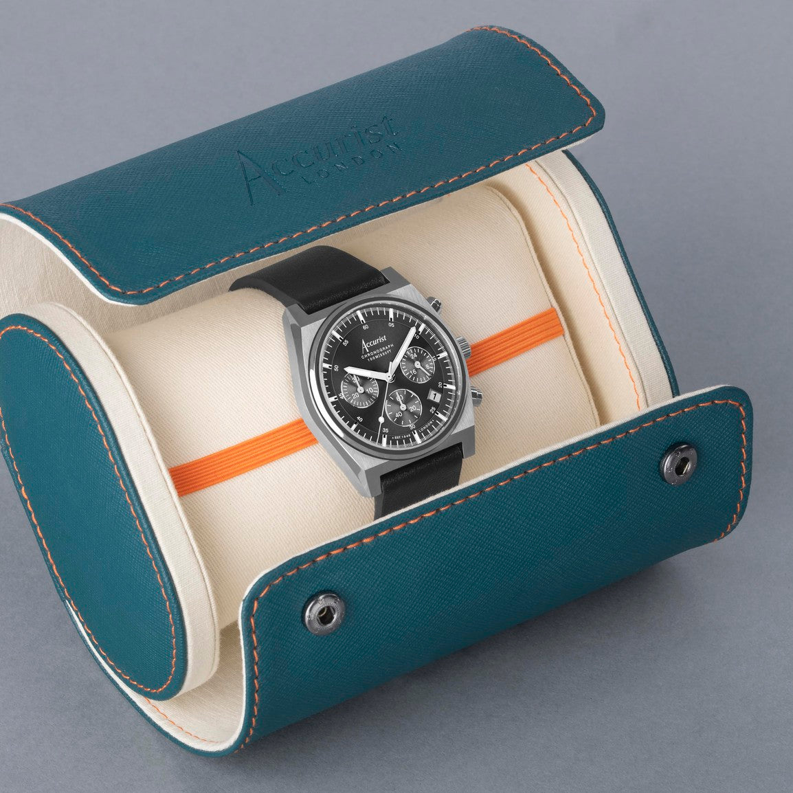 Accurist Origin Men's Chronograph Watch | Silver Case & Black Leather Strap with Black Dial | 41mm