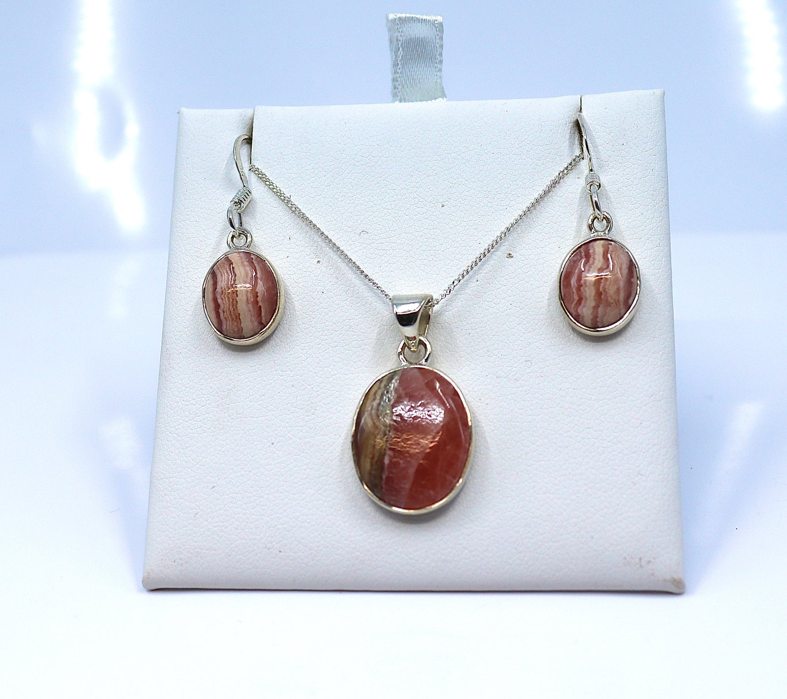 Rhodochrosite pendant and drop earrings